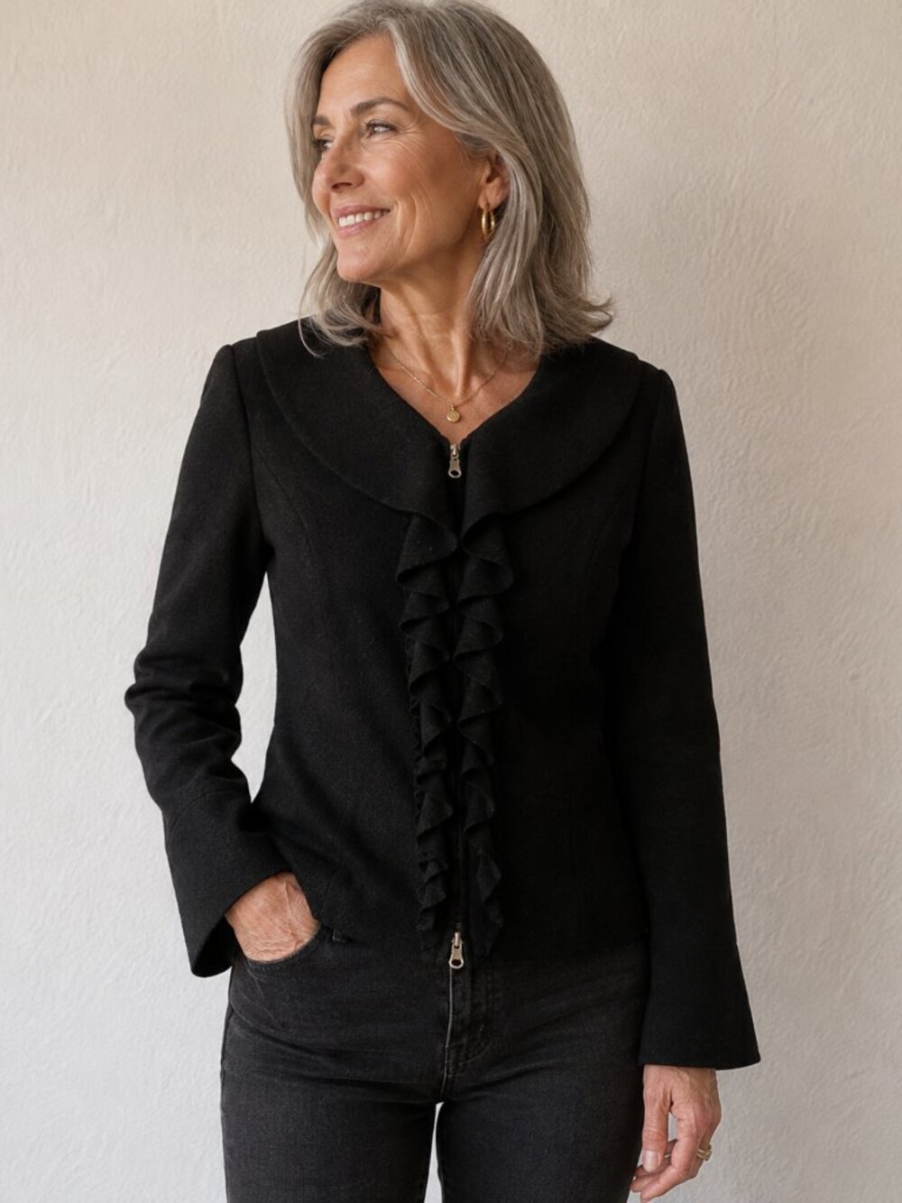 Beyond Threads Black Alpaca Wool Ruffle Jacket Women’s Medium
